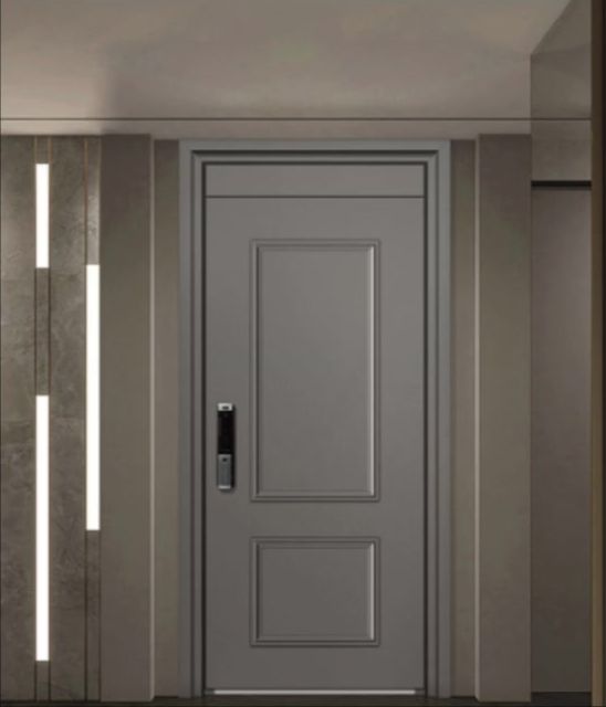 Grey panel entry door with smart lock