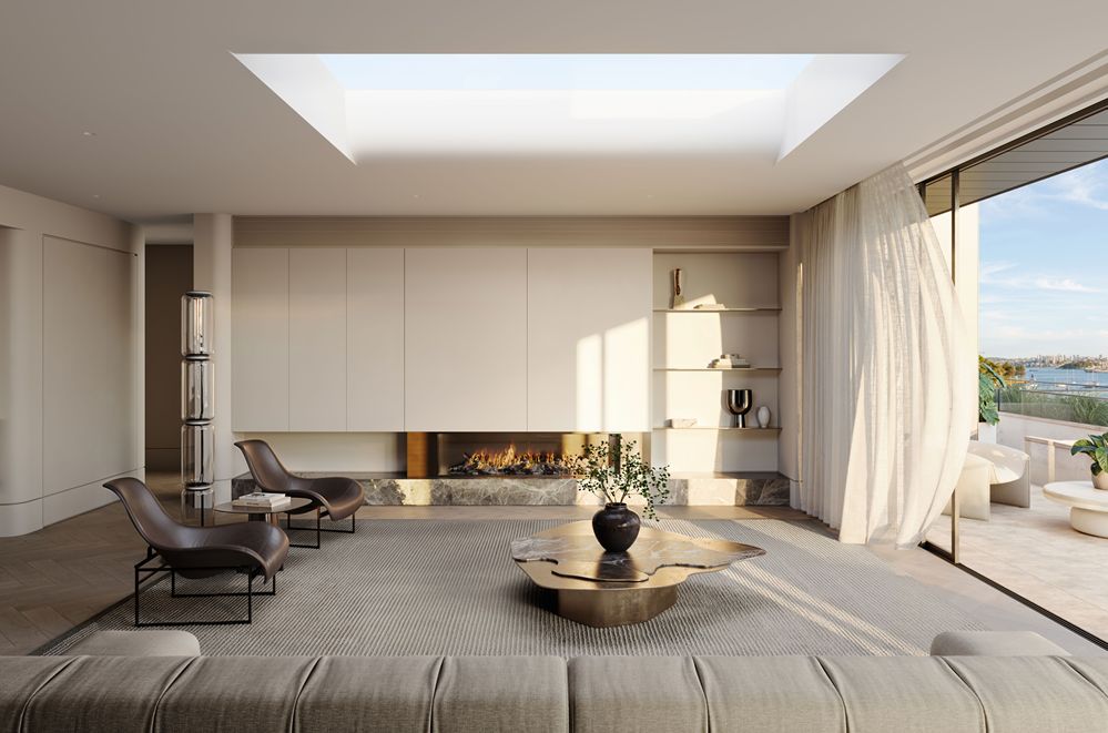 Living room with linear fireplace, joinery wall and skylight