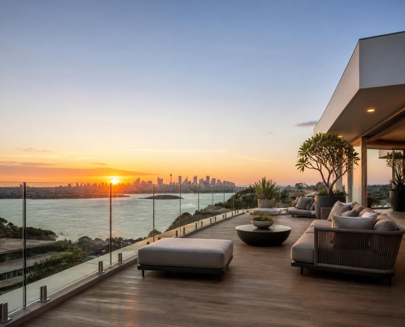 Frameless glass balustrade on a rooftop terrace at sunset