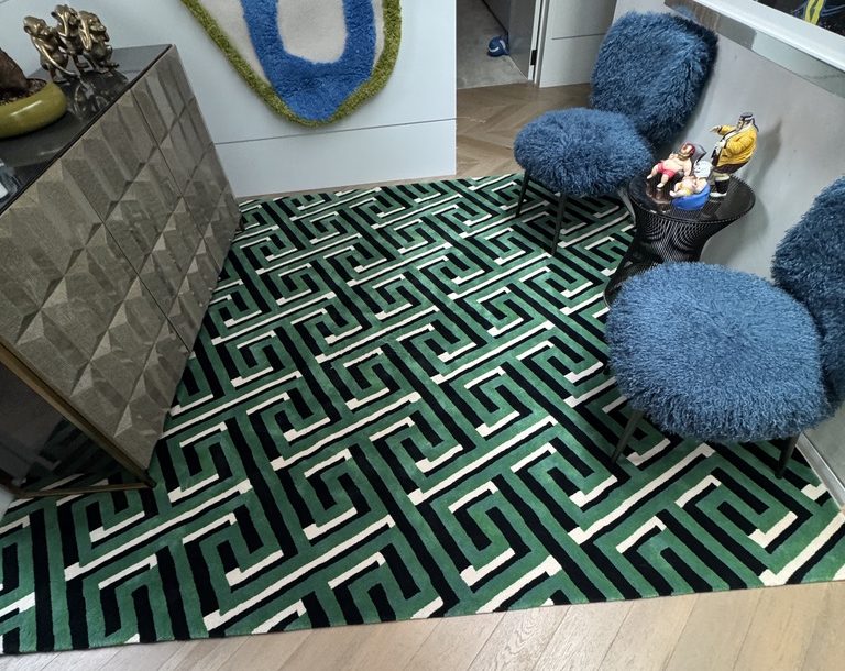 Green, black and white Greek key rug