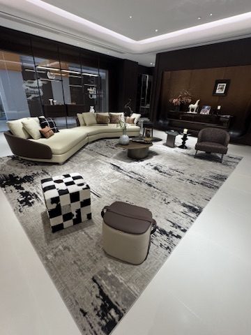Curved sofa and abstract rug in a partner showroom