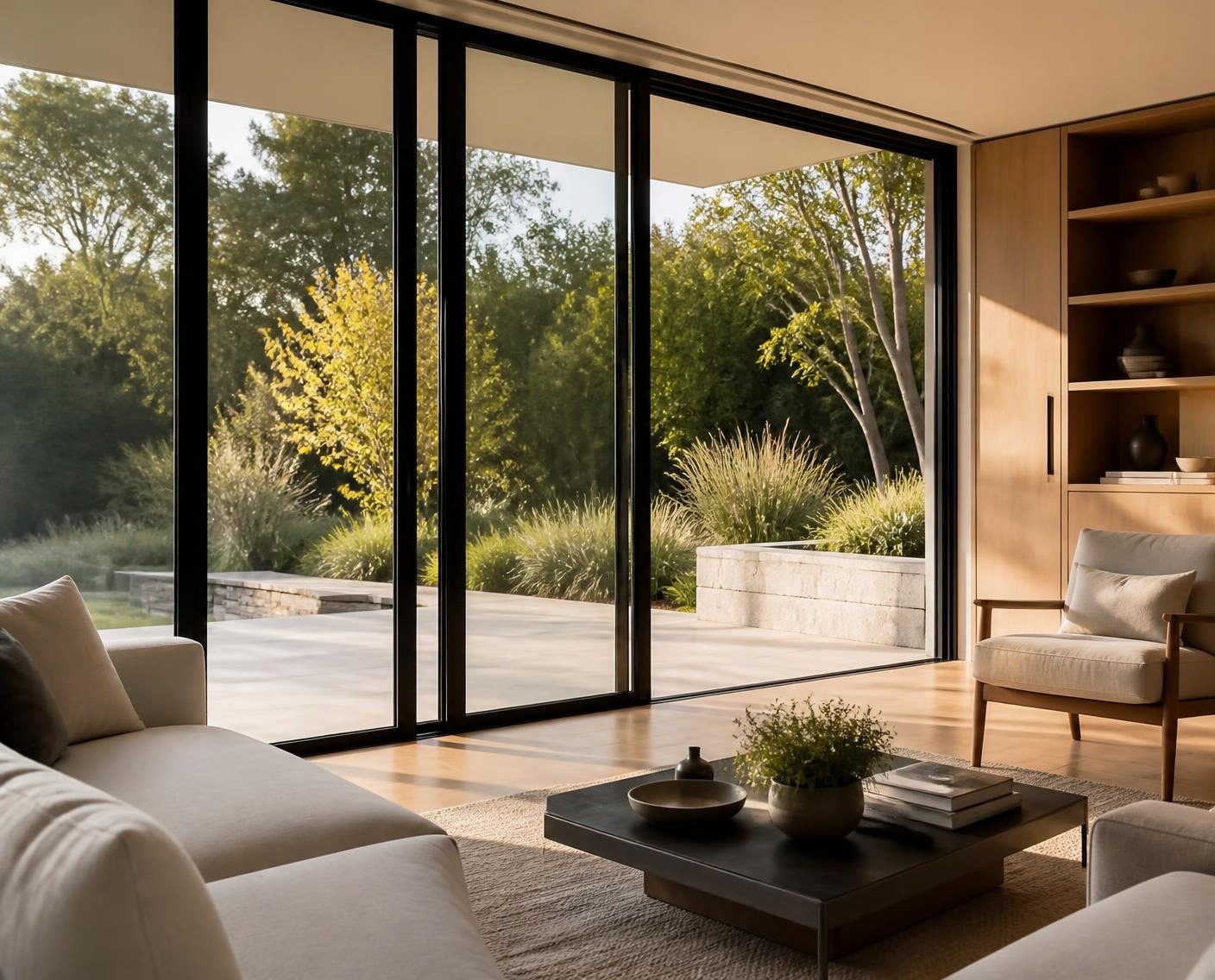 Black slimline sliding doors opening a living room to the garden