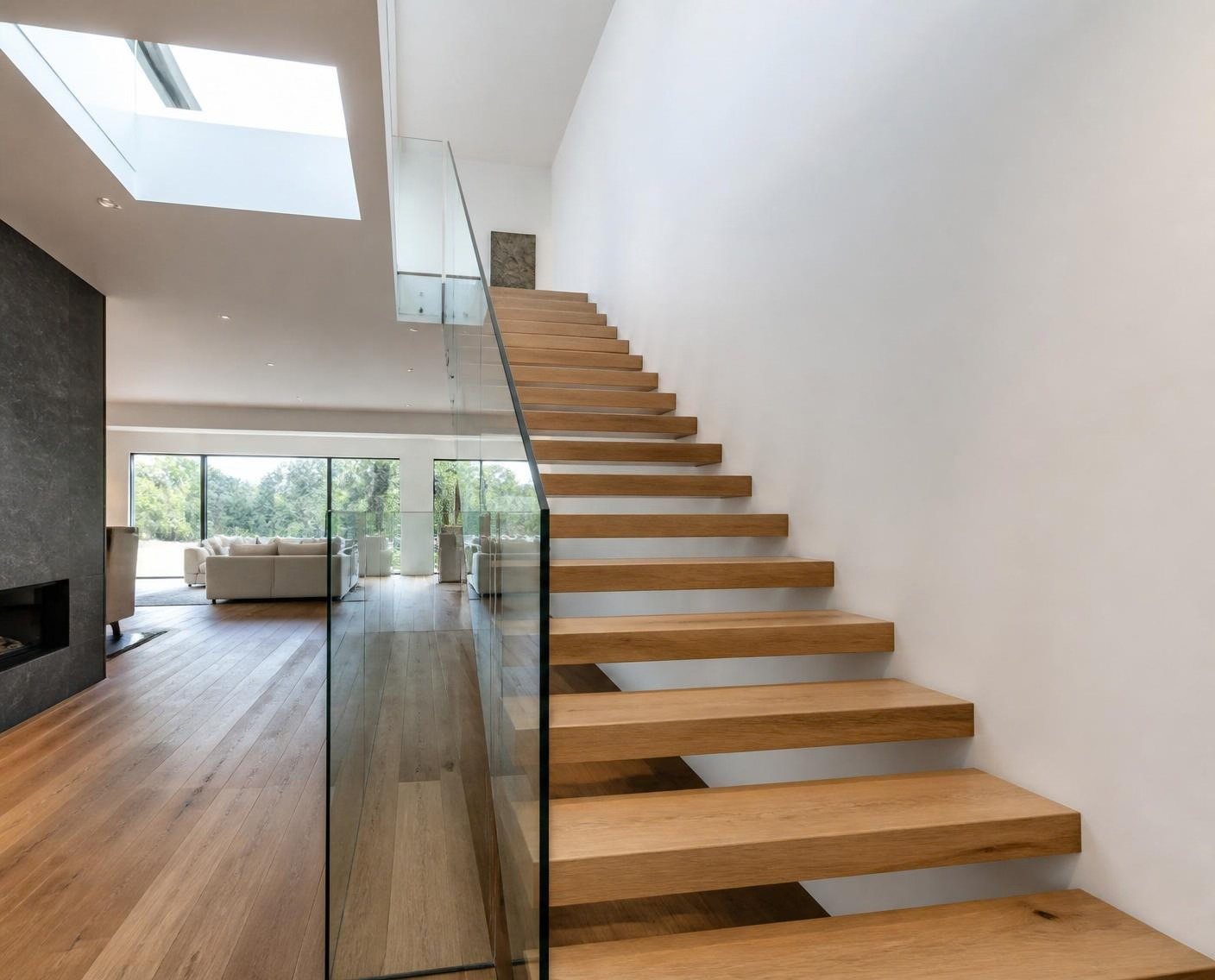 Floating oak staircase with frameless glass balustrade