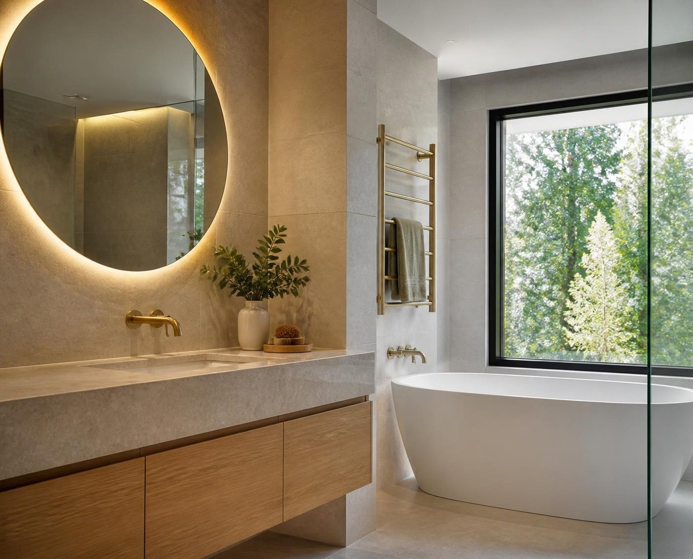 Bathroom with timber vanity, backlit round mirror, brass tapware and freestanding bath
