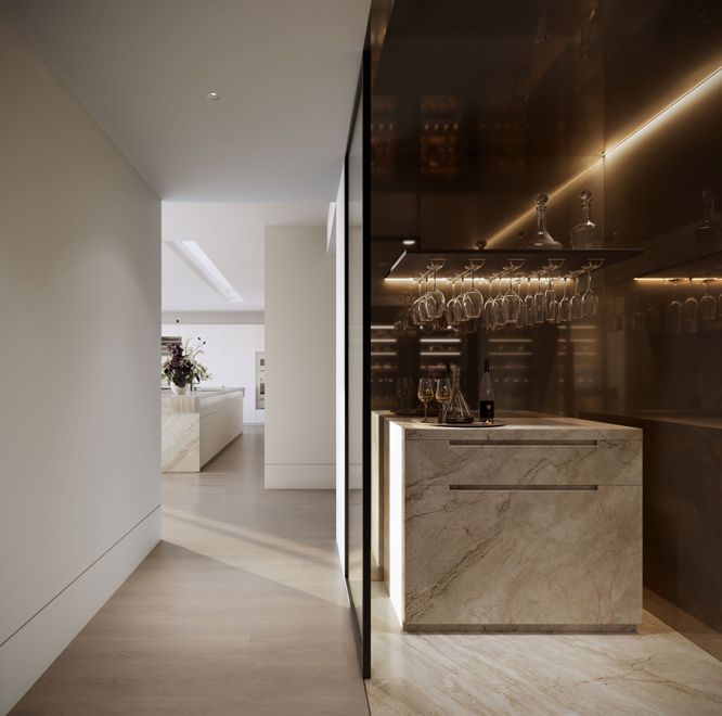 Glass wine room with stone bar cabinet and LED shelving